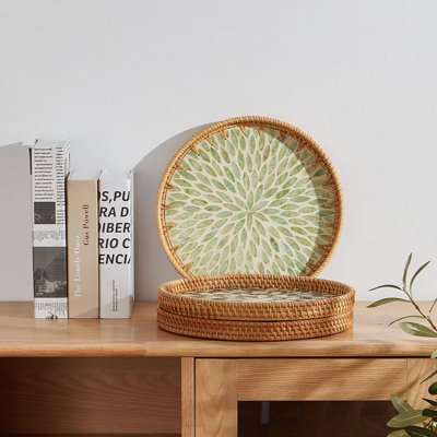 Round Rattan Tray With Mother Of Pearl Inlay