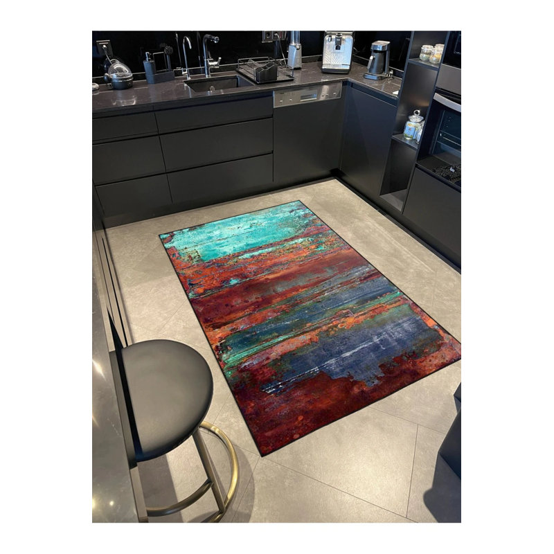 Mixed Color Horizontal Blurred Patterned Decorative Washable Carpet, Round 4'