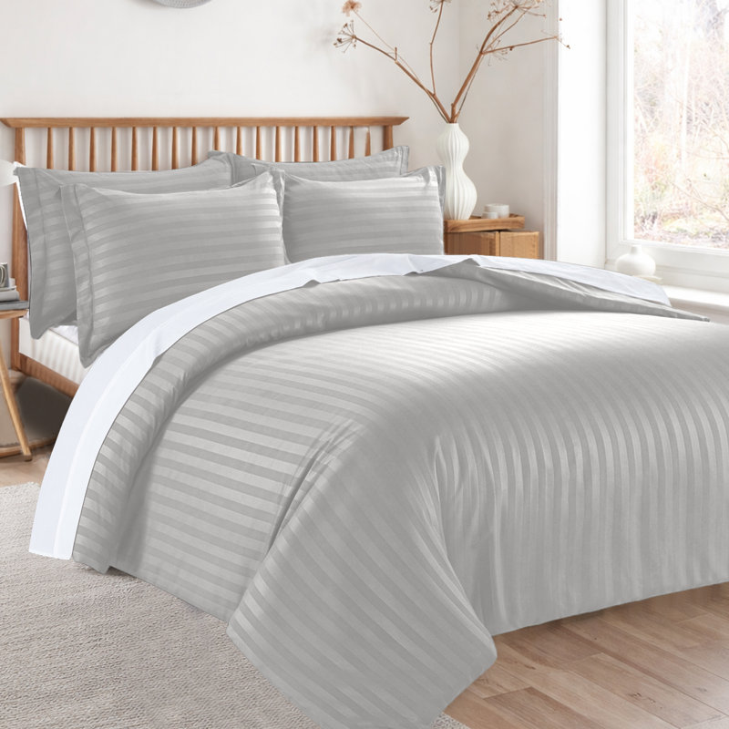 Microfiber 250 TC Reversible Stripe Duvet Cover Set with Pillowcases, Silver, Double Duvet Cover + 2 Standard Pillowcases