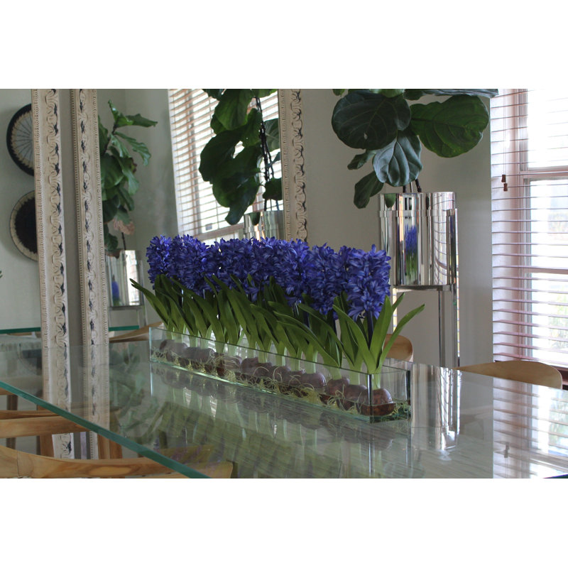 Orchids Centerpiece in Glass Planter, Blue, 16" H x 48" W x 4" D