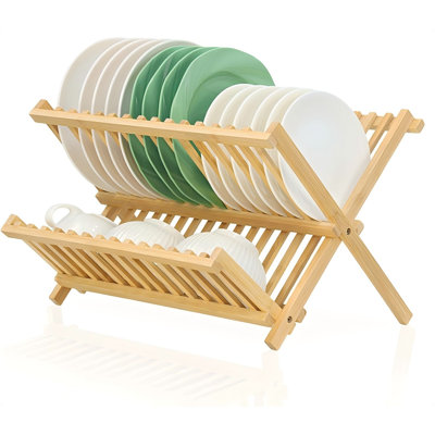 Bamboo Dish Drying Rack, Collapsible 2-Tier Dish Drainer Kitchen Plate Rack For Kitchen Countertop Foldable