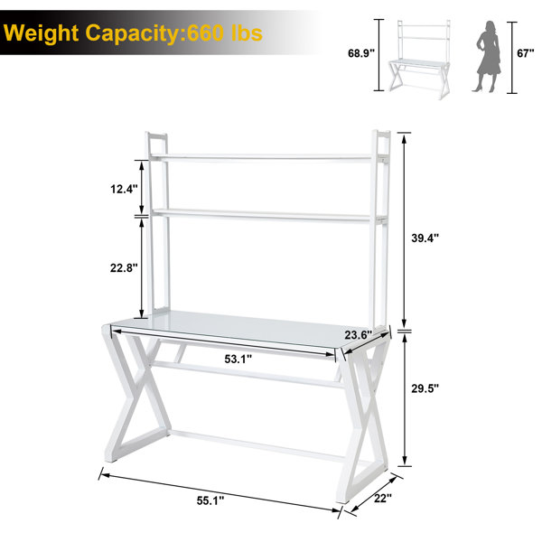 Heuss 55.1'' Computer Desk with Shelves, Tempered Glass Top Home Office Desks Ivy Bronx Color: White