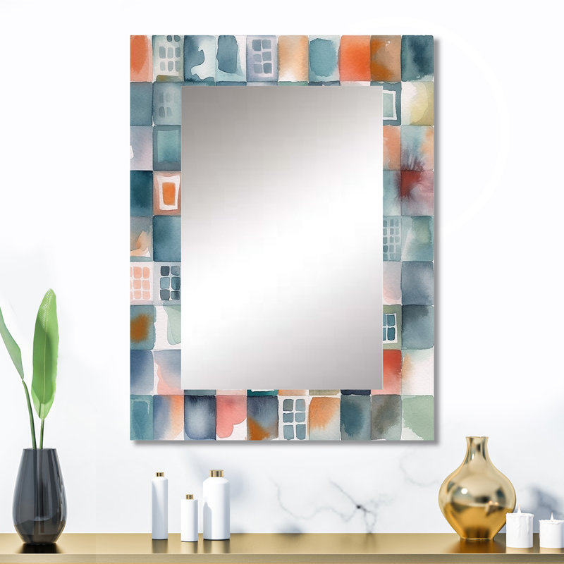 Blue Abstracted Mapping Of Forms II - Geometric Decorative Mirror, Modern Large Wall Mirror, Printed Metal Art, 32" x 24"