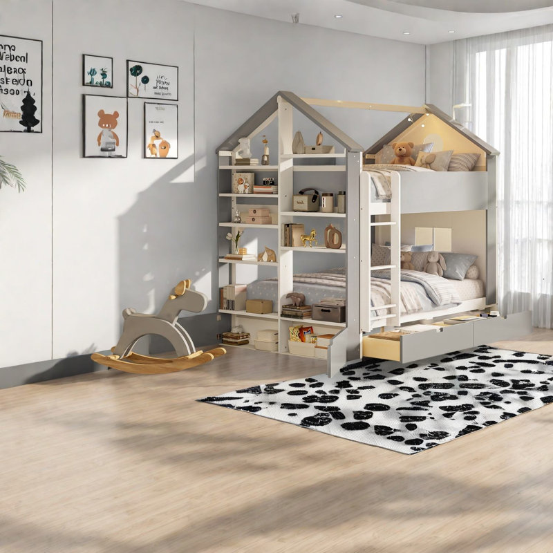 Lits superposés avec rangement, entièrement en MDF en bois, style moderne pour la maison, Gris