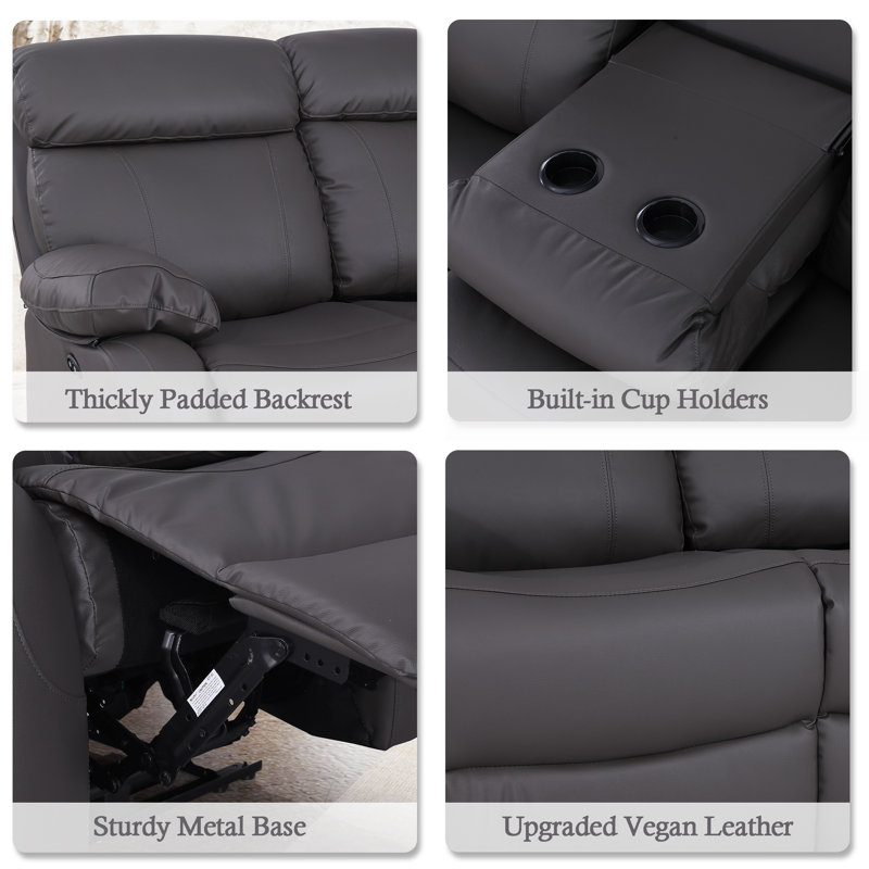 Edder Power Leather Reclining Sofa With Cup Holders, Flipped Backrest, USB Ports, Light Gray