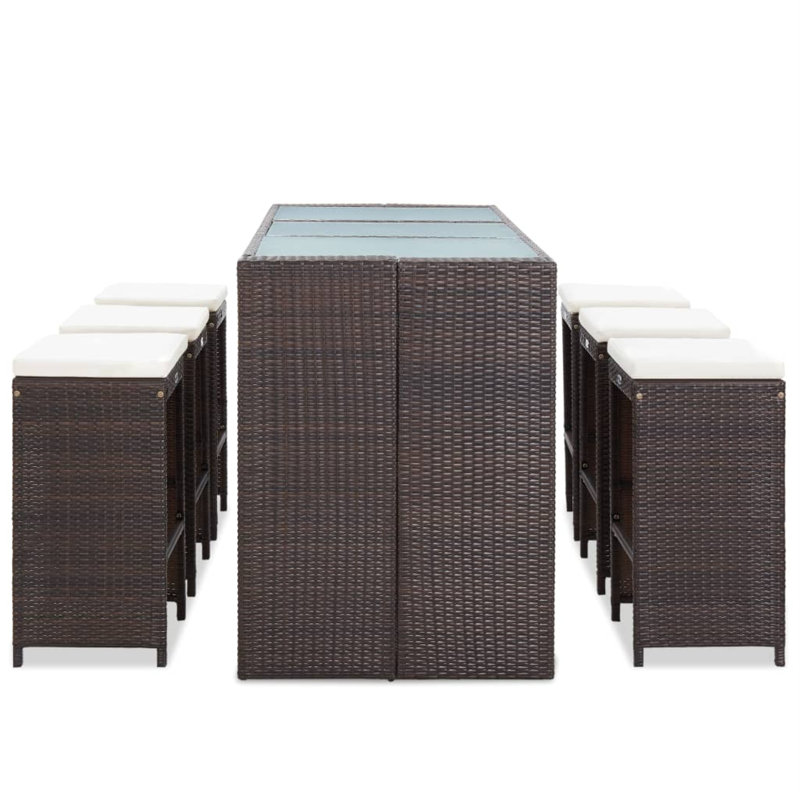 Ensemble de salle à manger rectangulaire à hauteur de bar pour 6 personnes avec coussins, Structure brune / Coussin blanc