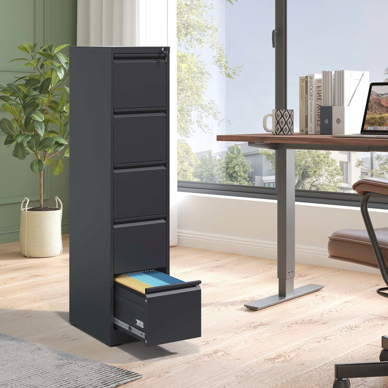 Classeur en métal à 5 tiroirs pour le bureau / la maison, matériau en acier robuste, verrouillable, inclinable, tiroirs pleine extension à récupération verticale avec verrou, construction, accès pratique et efficace pour l'organisation