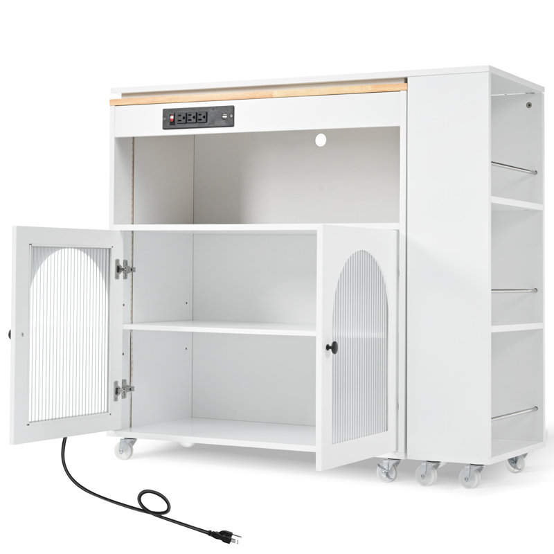 Rolling Kitchen Island With Extended Table, Kitchen island on Wheels with LED Lights,Power Outlets and 2 Fluted Glass Doors, Kitchen Island with a Storage Compartment and Side 3 Open Shelves,White