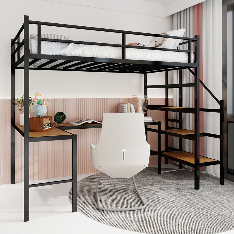 Lit mezzanine avec bureau en forme de L, grand espace de rangement et compartiments de rangement, structure de lit robuste avec escalier, garde-corps continu, peu encombrant, silencieux, sans ressorts éléphants requis