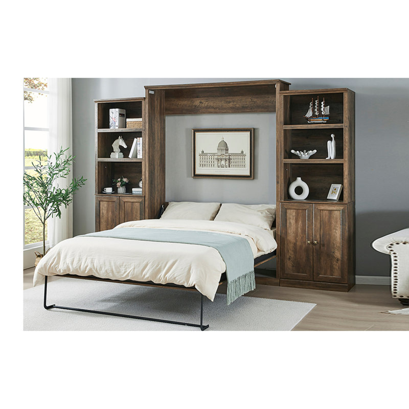 Kailer Murphy Bed With A Desk, Queen, 1 Bed, 2 Side Cabinet Storage Shelf, Brown