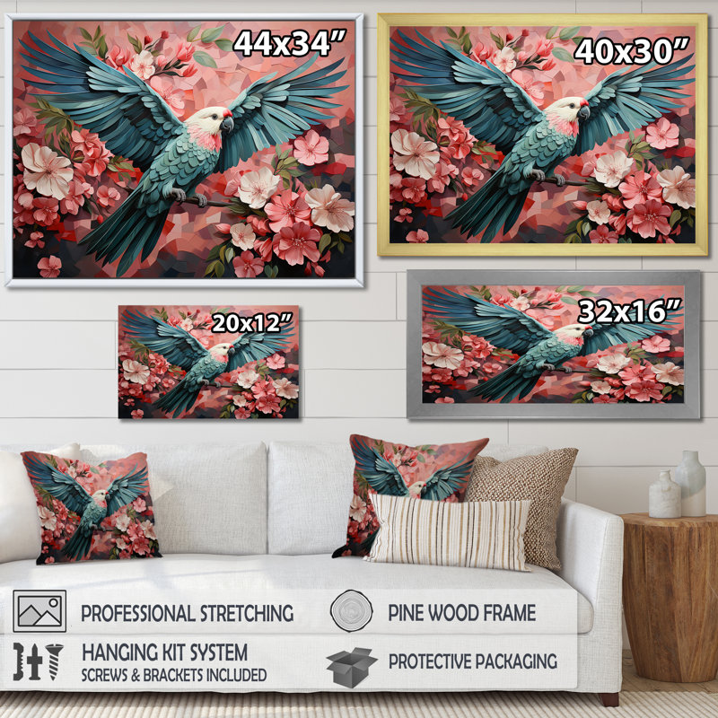«Blue and Pink Parrot Paradise IV», art mural perroquet, Toile tendue, H 30 po x l 40 po x P 1,5 po