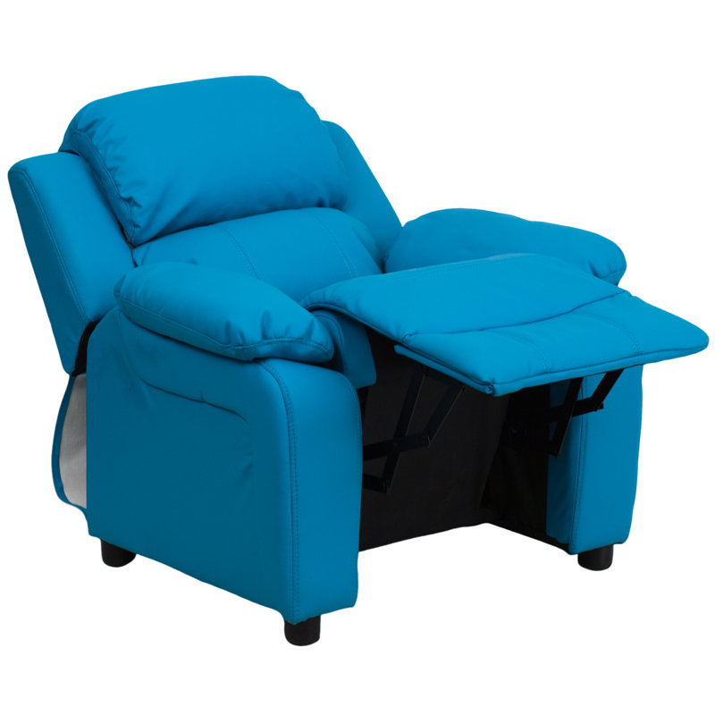 Deluxe Padded Contemporary Kids Recliner with Storage Arms, Vinyl - Turquoise