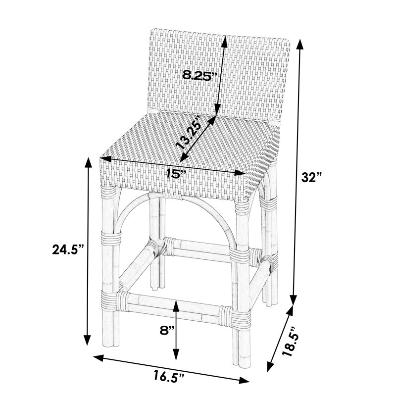 Serienna Blue & White Rattan Low Back Counter Stool, Bar Stool (30" Seat Height), Black