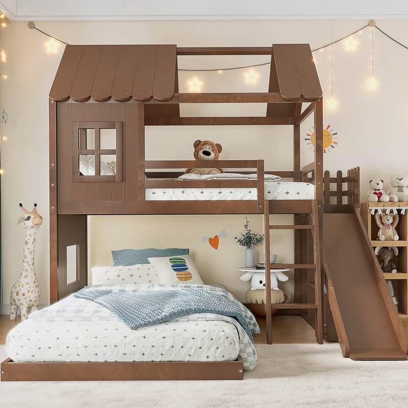 Twin Over Full House Bunk Bed With Ladders And Slides, House Floor Bunk Bed With Storage Shelves And Wardrobe, Playhouse Design,Deep Natural