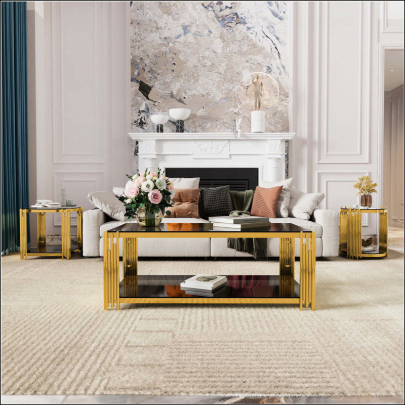 Table basse Modern Mirror, rectangulaire, métal asymétrique, finition dorée et tablette inférieure, Noir