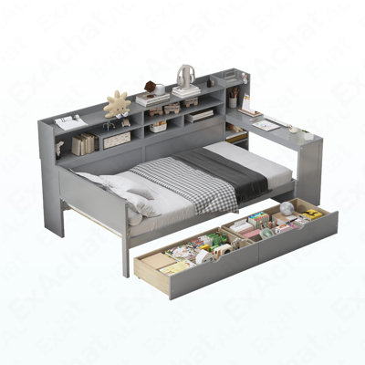 Wooden Twin Size Daybed With Storage Shelves, Multi-Functional Bed With Two Storage Drawers And  Study Desk, Gray