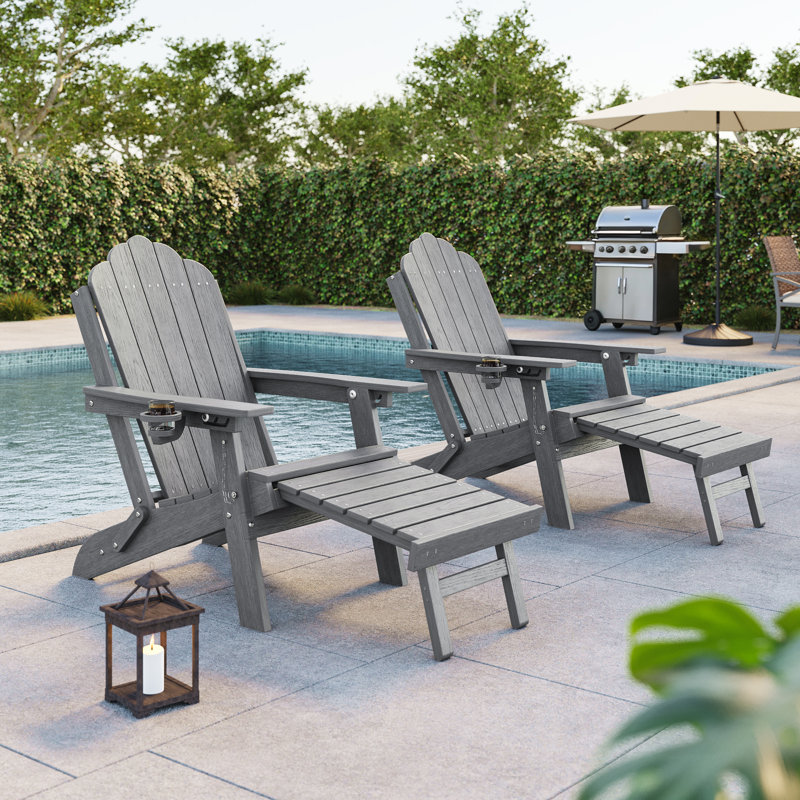 Folding Adirondack Chair with Retractable Ottoman & Cup Holder, 3-Position Adjustable for Patio, All-Weather Outdoor Seating