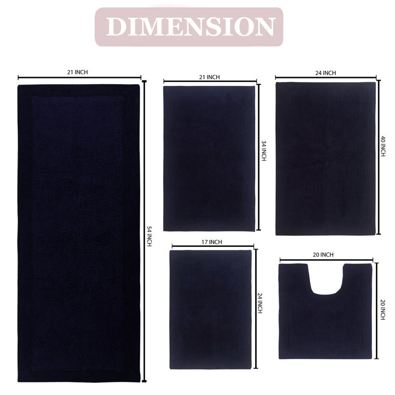 Bruss Luxury 100% Cotton Bath Rug (Set of 5) Reversible, Navy