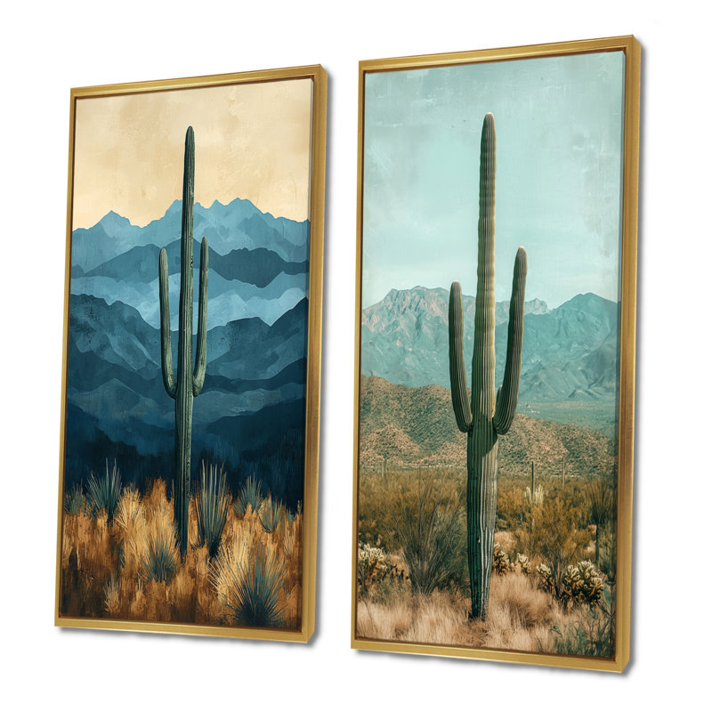 Cactus et montagnes I - Collection d'art floral sur toile 2 panneaux, H 28 po x l 25 po, Cadre flottant doré