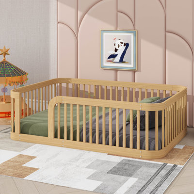 Full-Size Montessori Floor Bed Frame With Surrounding Barrier