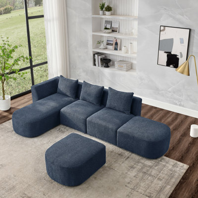 Canapé modulaire en forme de L comprenant deux sièges simples, une méridienne à gauche et deux repose-pieds, un canapé modulaire, une combinaison de bricolage et un tissu à boucles