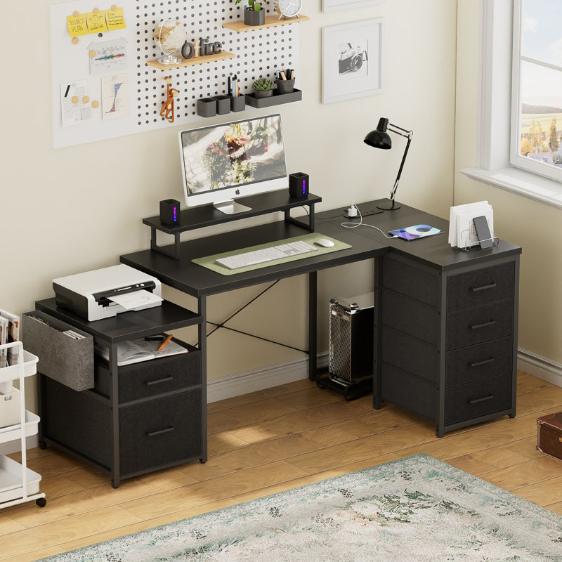Bernydette Reversible L Shaped Computer Desk with Fabric File Drawers, Corner Desk with RGB LED Lights & Power Outlets & Monitor Stand