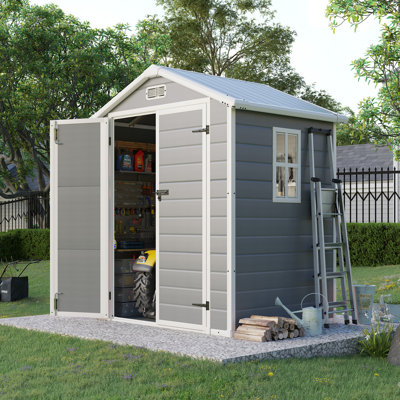 Resin Storage Shed with Floor, Tool Shed Outdoor Storage with Vents, Window, and Stainless Steel Cores, for Lawnmowers/ Bicycles/ Pool Supplies