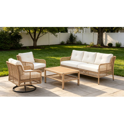 4-Piece Outdoor Wicker Conversation Set with Swivel Chairs, 5-Person Rattan Patio Sofa Set with 3-Seat Loveseat and Wood Coffee Table for Backyard, Deck and Poolside, Natural Beige
