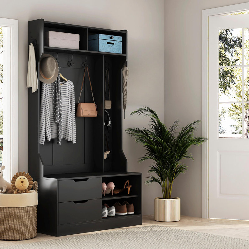 Arbre d'entrée noir avec 6 crochets à manteau, banc de rangement pour l'entrée et porte-chaussures, organisateur multifonctionnel pour le couloir et l'entrée