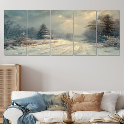 White Grey Winter Road Into Forest III - Winter Landscape Wall Decor Set