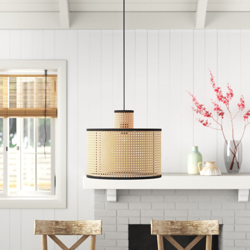 Nakuv 1 - Light Cane Rattan & Velvet Drum Boho Pendant, 53.78" H x 15.75" W x 15.75" D