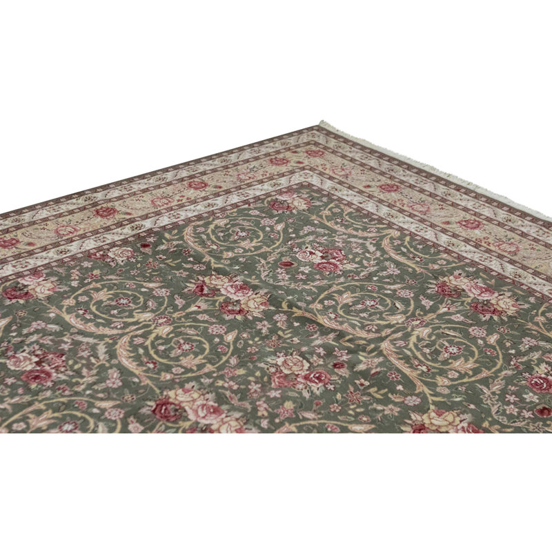 Tapis vert olive et doré noué à la main de haute qualité