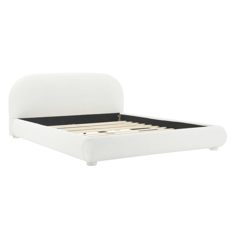 Liz Boucle Upholstered Bed With Curved Headboard & Wooden Frame, Queen, White Boucle