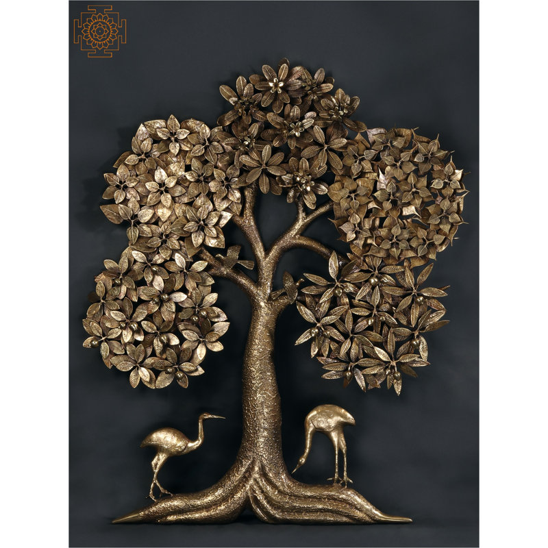 Handmade 48-Inch Brass Tree of Life Wall Art with Five Different Leaves – Large Symbolic Nature Sculpture for Luxury Home, Office, or Foyer