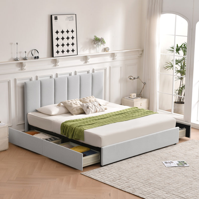 Lit plateforme avec rangement à 4 tiroirs Juanetta, Très grand, Light Grey