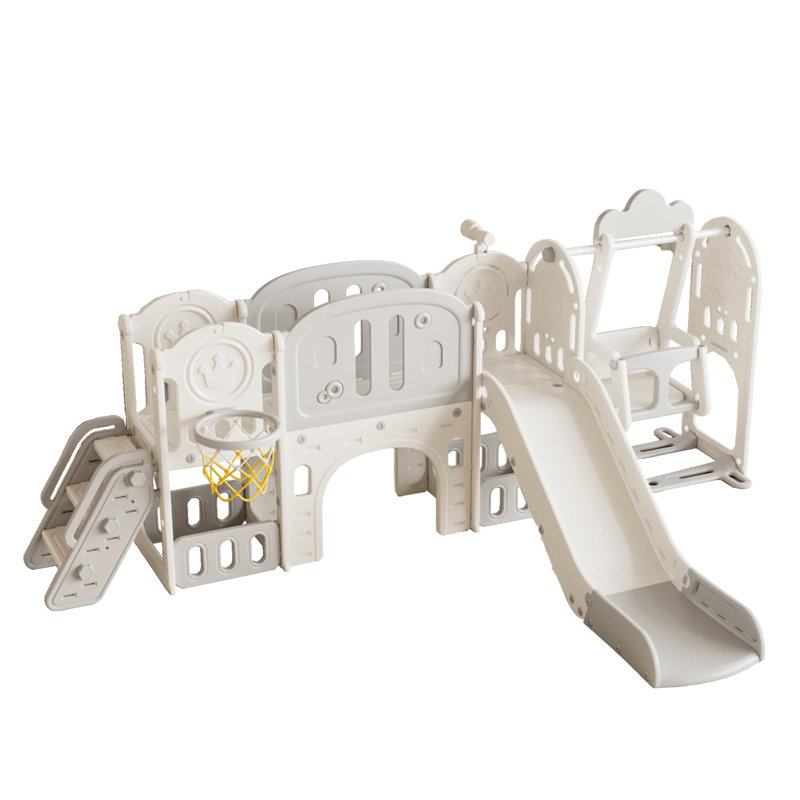 Aire de jeu intérieure pour enfants 11 en 1 avec glissoire de basketball et couloir extra long, Gris