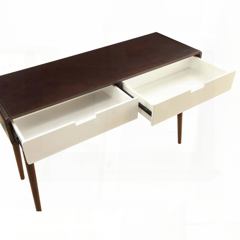 Table de canapé avec tiroirs blancs et pieds fuselés espresso
