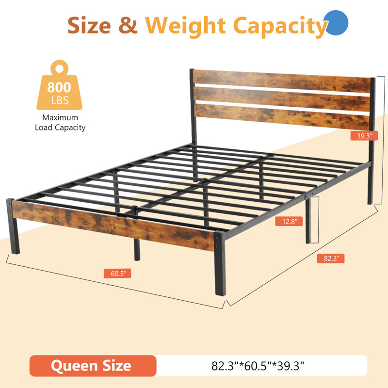 Base de lit plateforme en métal - sommier avec tête de lit et pied de lit, aucun sommier nécessaire avec support de lattes en bois robuste de 700 lb, silencieux et facile à assembler