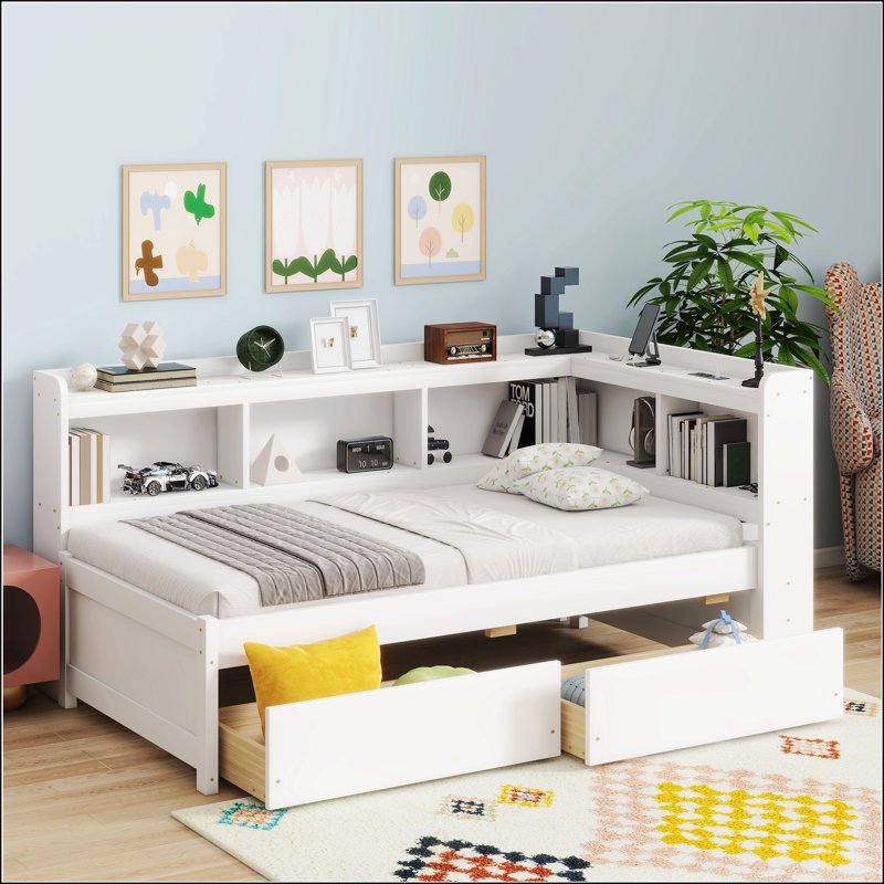Lit simple en forme de L avec bibliothèques et prises de courant, Blanc