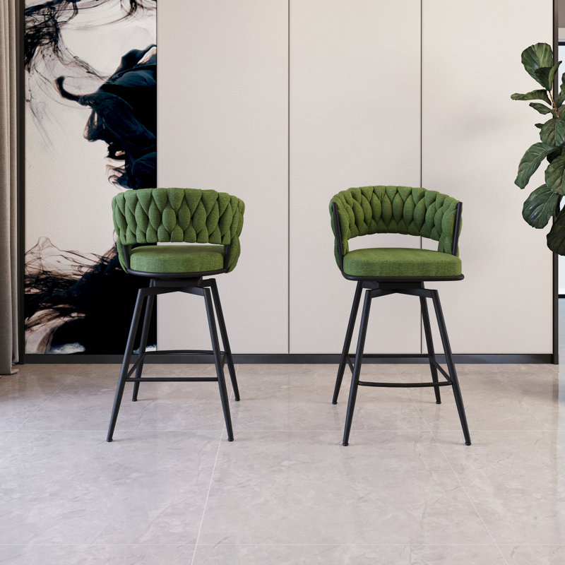 26" Bar Chair Linen Woven Bar Stool Set Of 2,Black Legs Barstools No Adjustable Kitchen Island Chairs,360 Swivel Bar Stools Upholstered Bar Chair Counter Stool Arm Chairs With Back Footrest (Green)