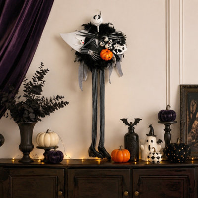 47.24‑Inch Hanging Wreath, Nightmare Before Christmas Skeleton Wall Ornament With Pumpkin Decor For Halloween Front‑Door Party Decor