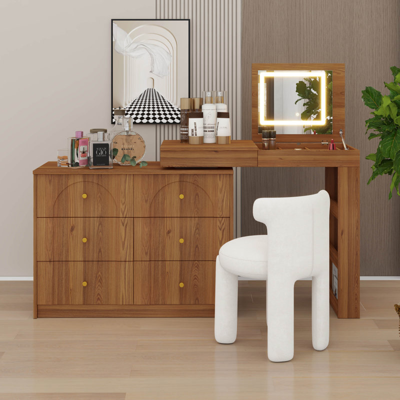 Bureau de coiffeuse avec miroir et lumières DEL, table de maquillage en L convertible avec plateau rabattable, Noyer