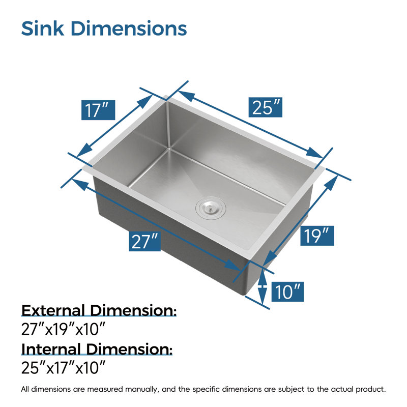 27" L Single Bowl Stainless Steel Kitchen Sink Undermount Handmade with Basket Strainer, Brushed Nickel