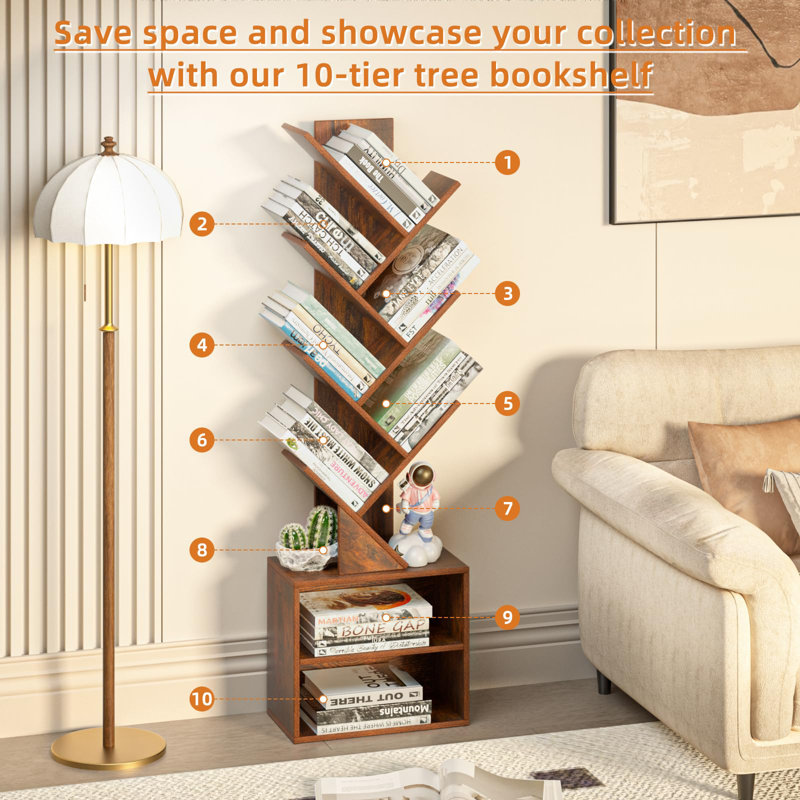 10-Shelf Tree-Design Bookcase, Bookshelf For Tight Spaces, Floor-Standing Storage Organizing Unit For Books, Tall Freestanding Bookcase Forhome Office