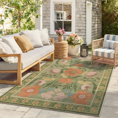 Washable American Countryside Floral  6X9 Green Outdoor Rug, Non Slip Quick-Dry Mesh Rug for Deck Backyard