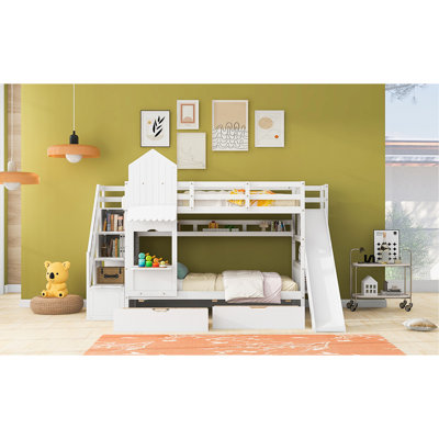 Twin Style Bunk Bed - White, 2 Drawers, 3 Shelves, Slide, Playhouse Inspired Color Scheme For Bedroom