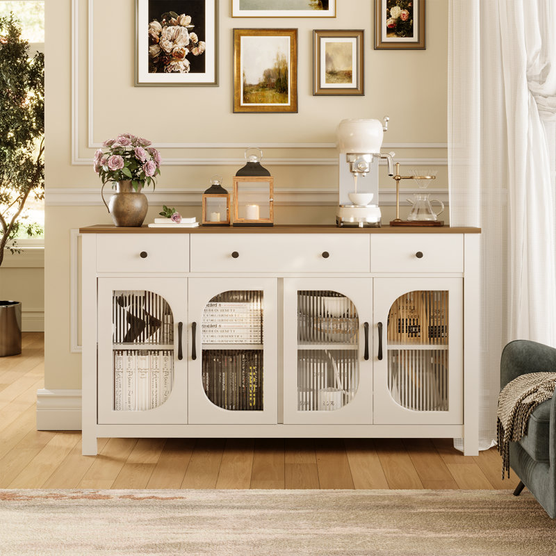 srping 55" Large Sideboard Buffet Cabinet With Storage, Kitchen Storage Cabinet With 3 Drawers And 4 Glass Doors, Buffet Table Coffee Bar Cabinet For Dining Room, Living Room