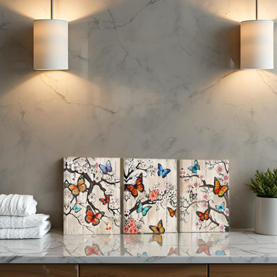 Butterfly Pictures Wall Art 3 Pieces Colorful Butterflies Trees Canvas Painting For Bathroom Wall Decor 12X16 Inch Each Piece (Beige)