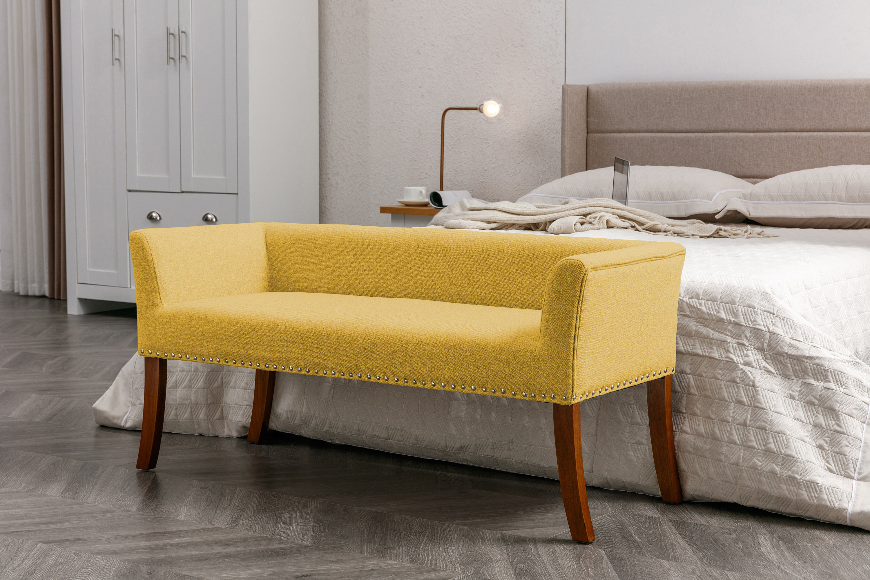 Porthos Home Sabrina Fabric Upholstered Bench with Rubberwood Legs