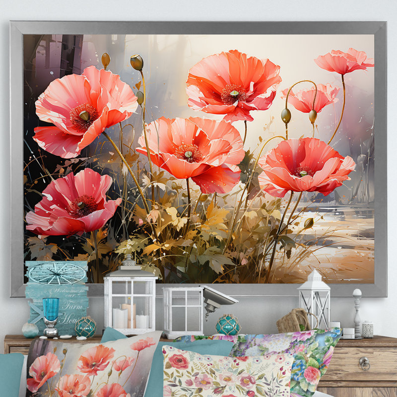 «Red and Green Poppy Reverie III», art mural coquelicots, Cadre de coin argenté fermé, H 30 po x l 40 po x P 1,5 po
